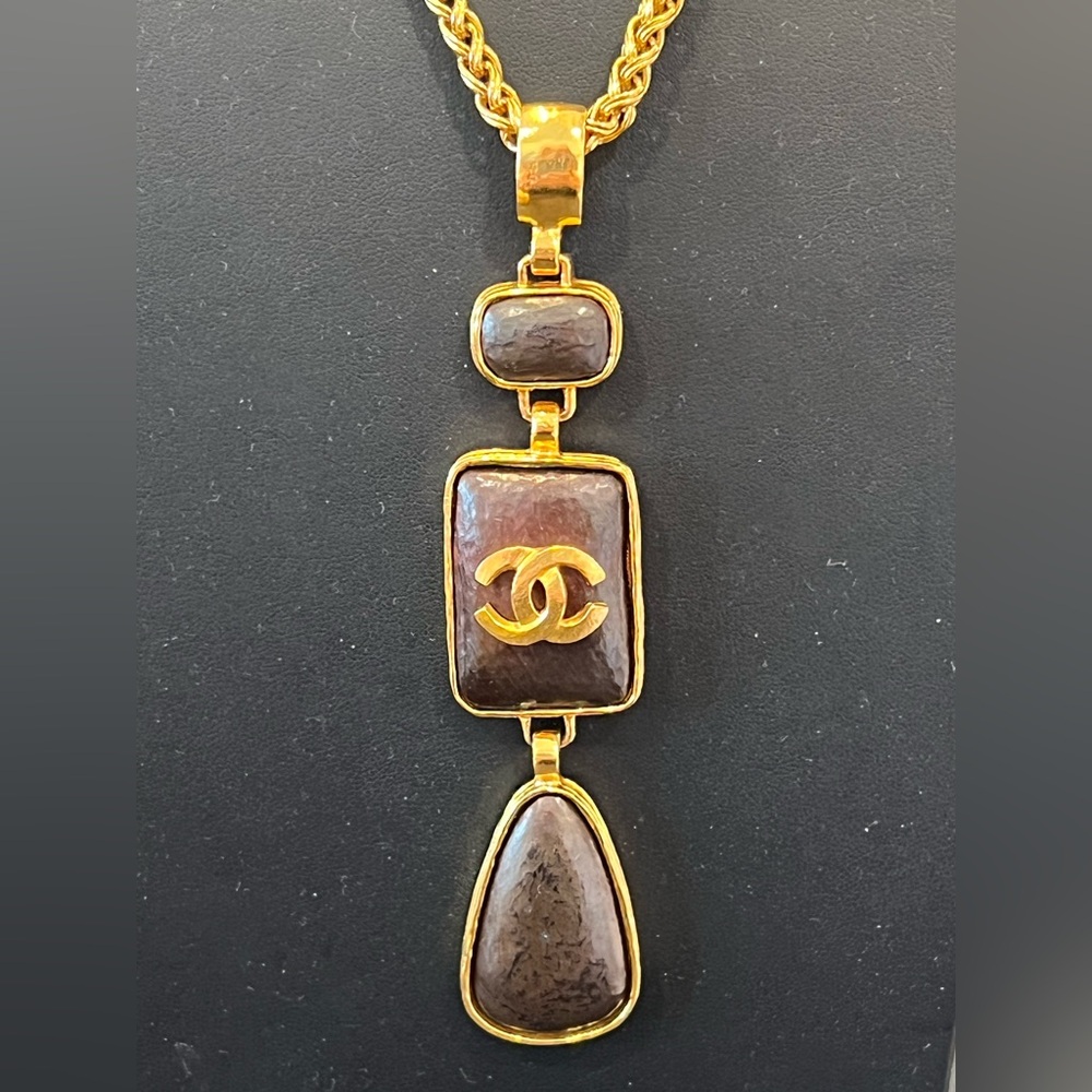 CHANEL 24 Gold Plated Necklace with Brown Stone Accents - Picture 7 of 13